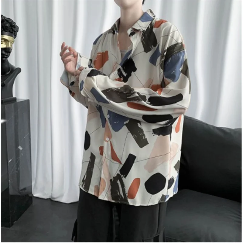 

Korean version trendy Hong Kong style fashion casual autumn summer shirt retro versatile long sleeved floral shirt men's clothin