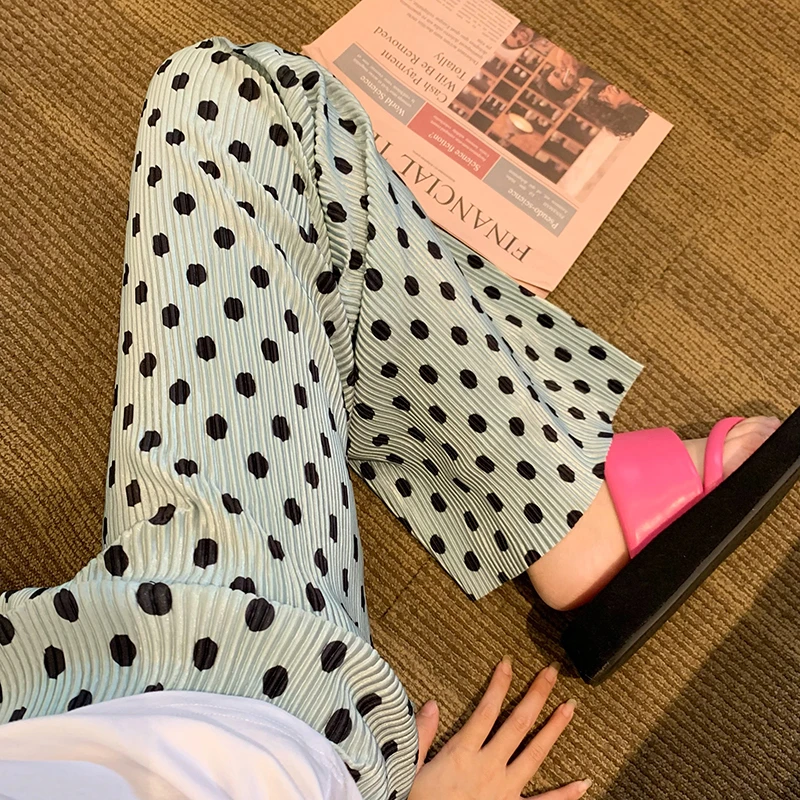 Pantalones de pierna ancha de lunares para mujer, pantalón recto, holgado, adelgazante, informal, fino, versátil, hasta el suelo, de cintura alta, para verano