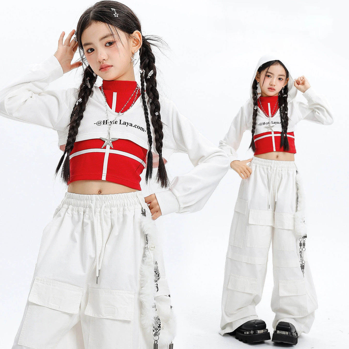 

Kid Kpop Hip Hop Clothing White Crop Hoodie Sweatshirt Top Wide Multi Pockets Cargo Pants for Girl Street Dance Costumes Clothes