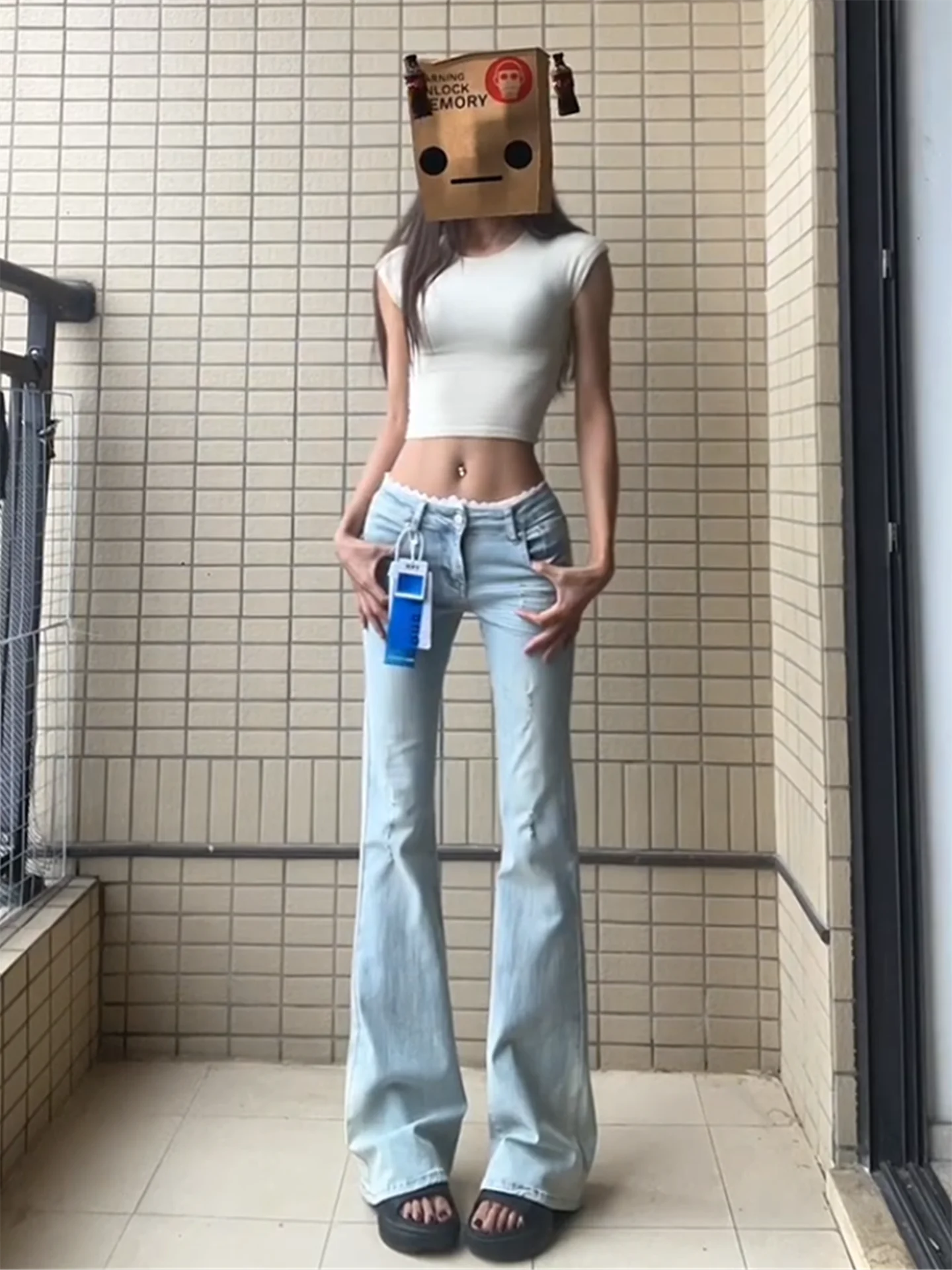 

Retro American Light Blue Hot Girl Low Waist Flared Jeans Women's Slimming Design Casual Spring Long Pants Cotton Denim