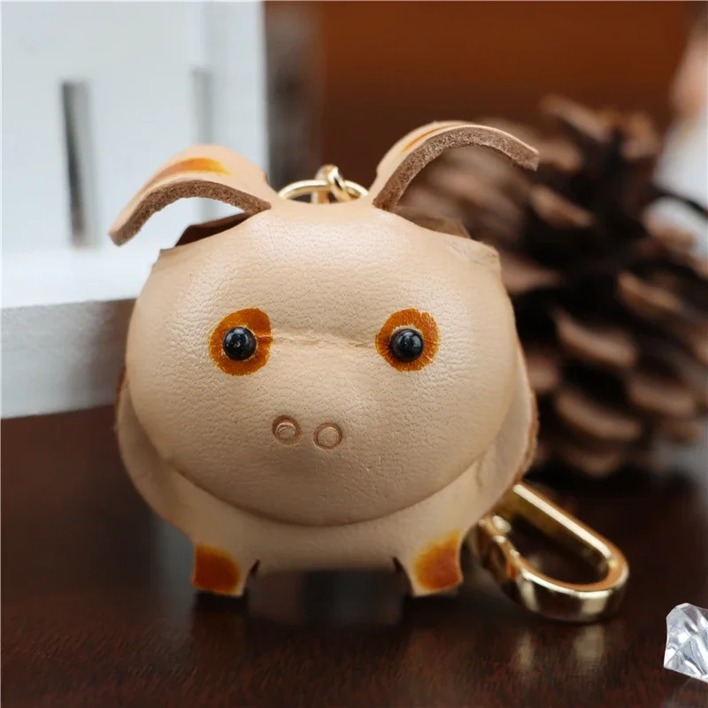 Head Layer Cowhide Piglet Pendant Car Keychain Leather Rope Bag Charm Accessories Zodiac Gift