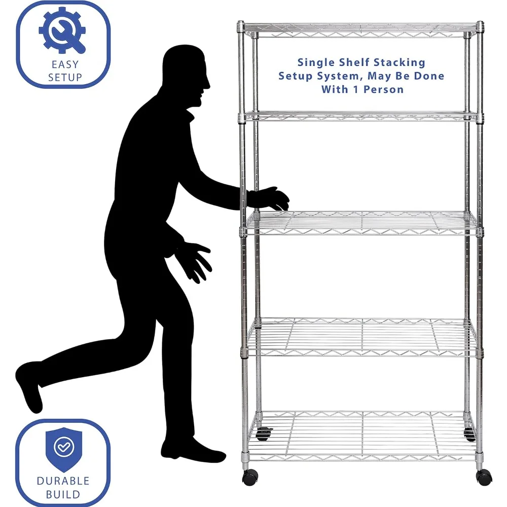 كلاسيكيات-رفوف سلكية من 5 طبقات بعجلات ، طلاء كروم ، فولاذ مطلي ، 30 "W x 14" D ، طراز جديد