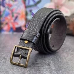 Ceinture à boucle en laiton rétro pour hommes, haut épais, en cuir véritable, style Cowboy, Jeans, large, MBT0609