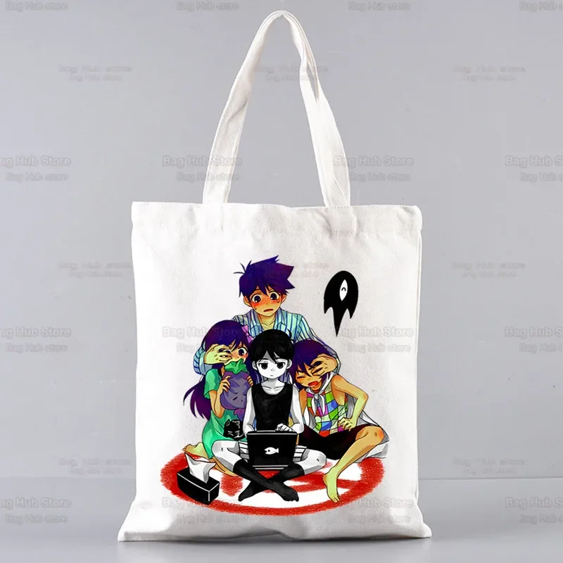 Omori Cat Tote Eco bolsa de compras feminina, bolsa de ombro grande feminina, bolsa de compras de praia dobrável, jogo psicológico surreal