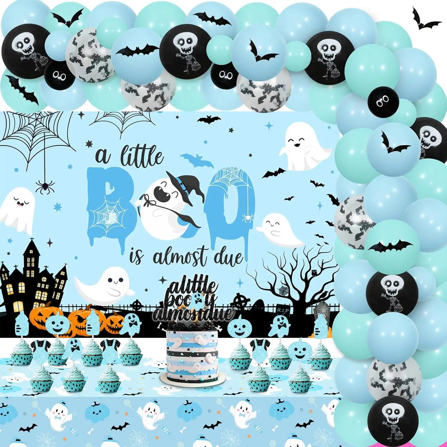 

Украшения для детского душа на Хэллоуин для мальчика, маленький бу, почти Due, фон, скатерть, воздушные шары с призрачной летучей мышью