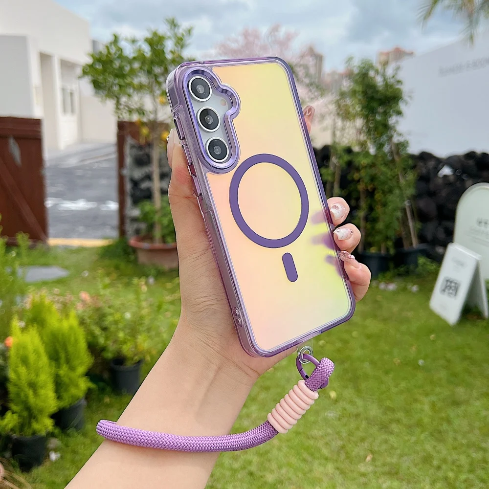 Gradient Laser Magnetic Wrist Strap Case For Samsung S25 S23 Ultra S24 Plus S25Edge A55 A56 A35 A36 A25 A15 A34 Acrylic Cover - náhled 3