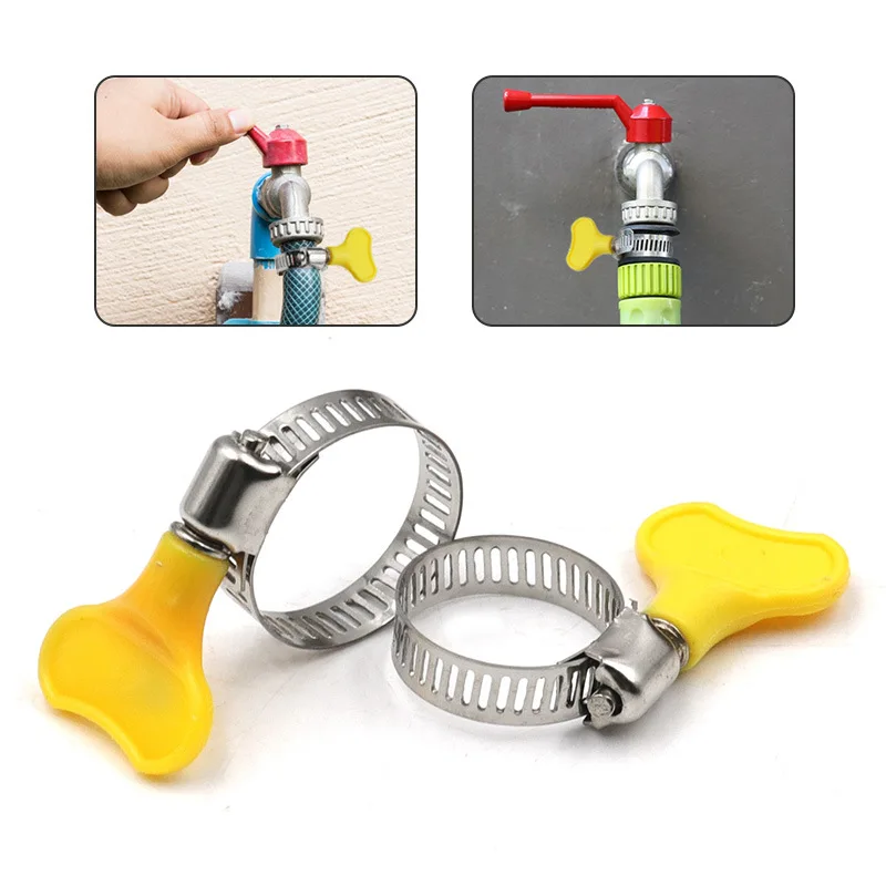 Abrazaderas de manguera de giro manual, mango de plástico amarillo ajustable, conducción de gusanos, Clips de tubería de acero inoxidable 201 para tubo, 5 piezas, 8-44mm