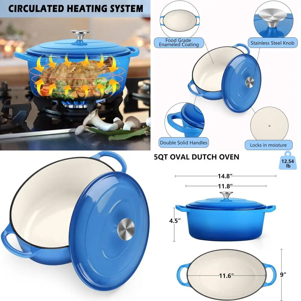 

5-Quart Blue Enameled Cast Iron Dutch Oven with Lid, Ideal for Baking, Stewing, Braising, and Frying on Multiple Stoves, Easy to