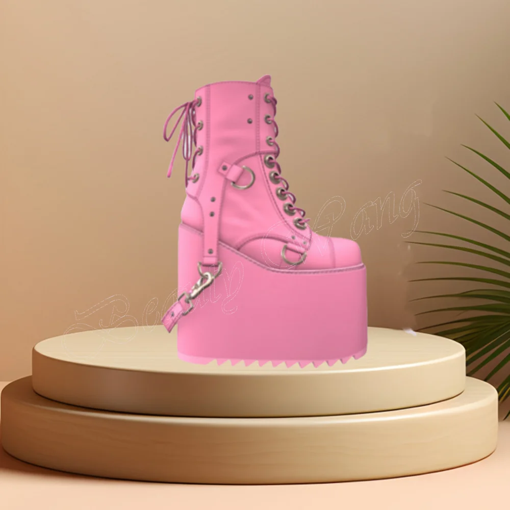 White Pink Wedges Heel Boots Lace up High Heels Platform Round Toe High Heel Shoes for Women High Heel 2024 Zapatillas Mujer