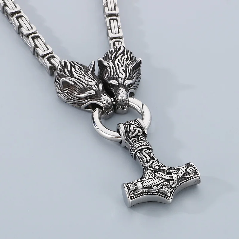 Vintage Viking Thor Hammer Pendant Necklace For Men Punk Stainless Steel Wolf Head Byzantine Chain Jewelry Chunky Accessory Gift
