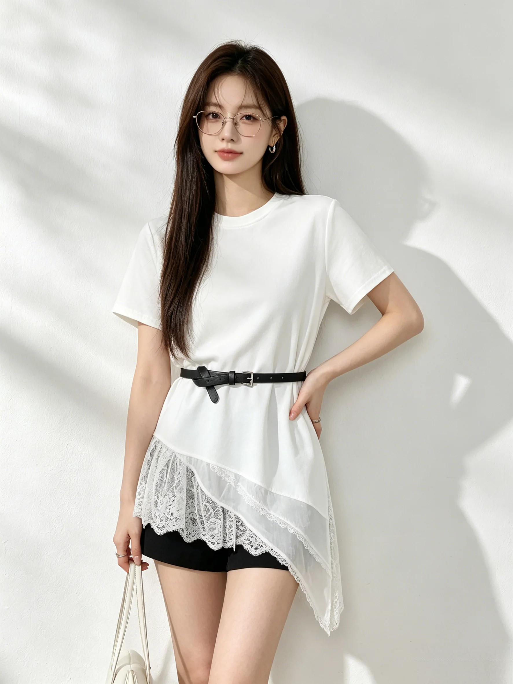

Korean Style Summer Design Sense Lace Splicing T-shirt Short Sleeve Irregular Waist Belt Elegance Anti-aging Top