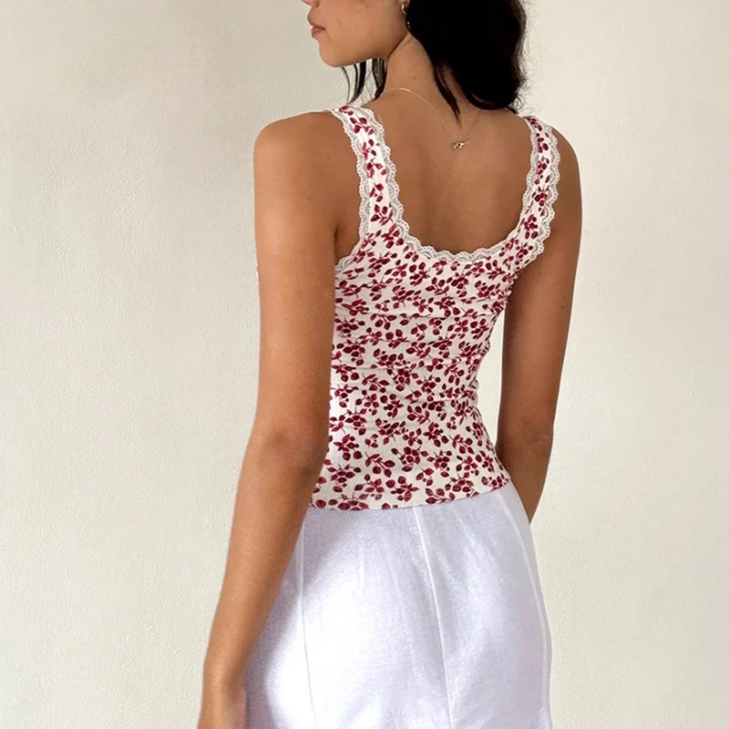 Floral/Letter Print Sleeveless Shirt Vest Women Casual Tank Tops Cutest Lace Trim Slilm Fit Crop Tops Y2k Summer Basic Clothes