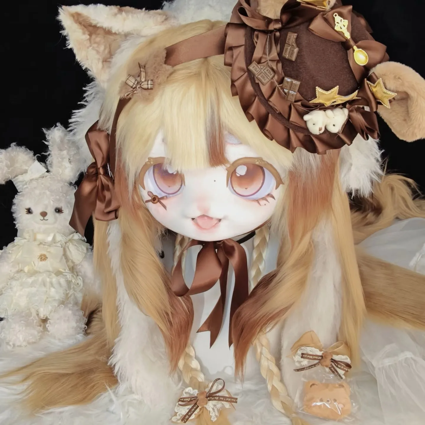 Furry Kig Head Costume Handmade Puppy Mascot Head With Bow Star Decoration for Cosplay Party Stage Performance