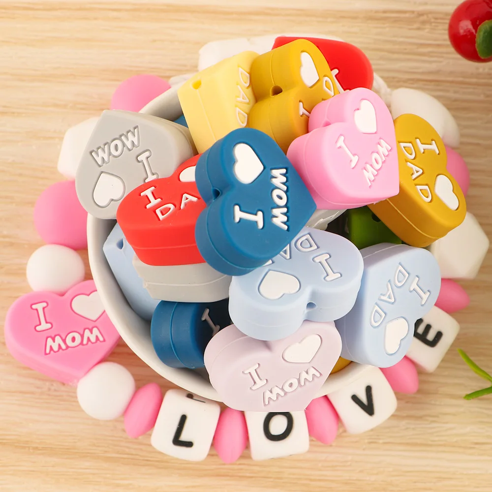 5pcs Heart Shape Love MOM Dad Silicone Beads For Jewelry Making DIY Keychain Bracelet Necklace Accessories