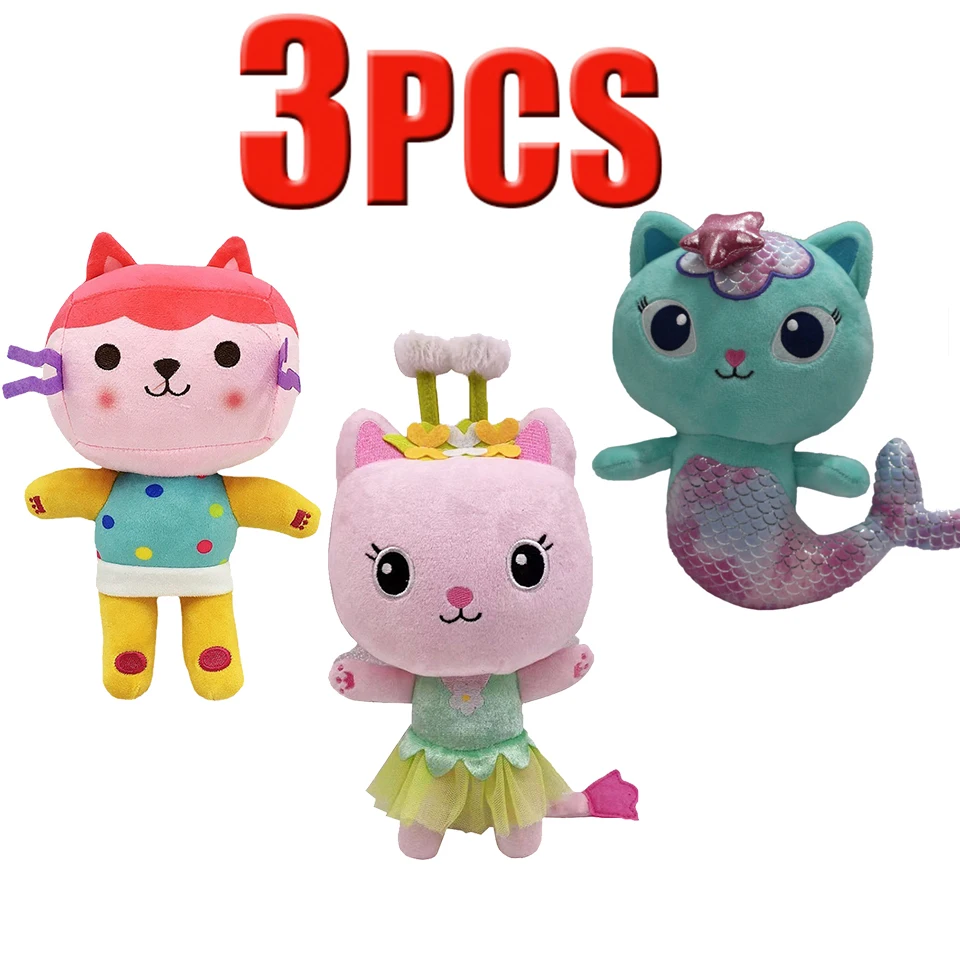 INSTOCK 20CM-25CM 3 uds casa de muñecas Gabby juguete de peluche Mercat dibujos animados animales de peluche gato sonriente coche abrazo de gato muñecas de niña Gaby cumpleaños