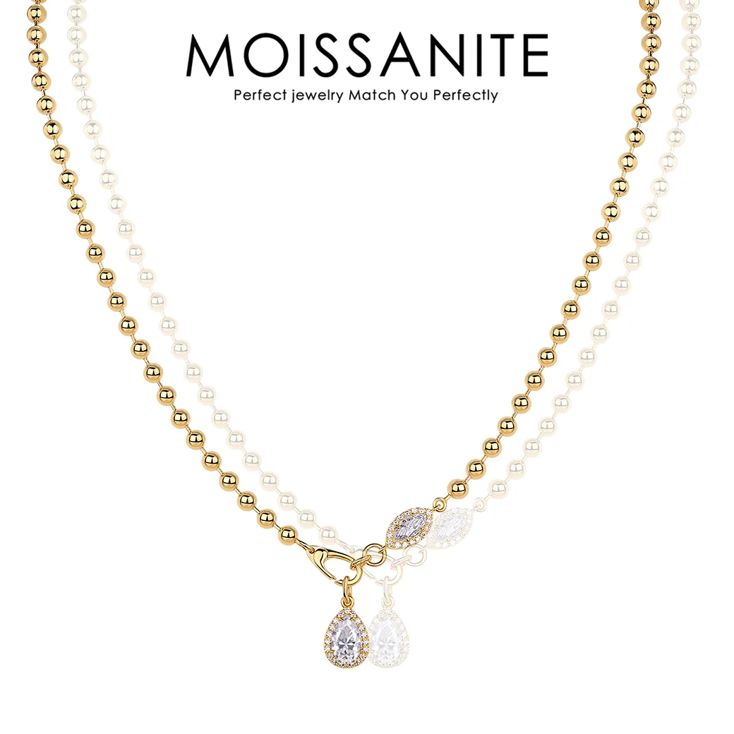 2.28 ctw Elegant Teardrop Pendant Necklace – 18K Gold Plated Beaded Chain with Moissanite Charms for a Timeless Look