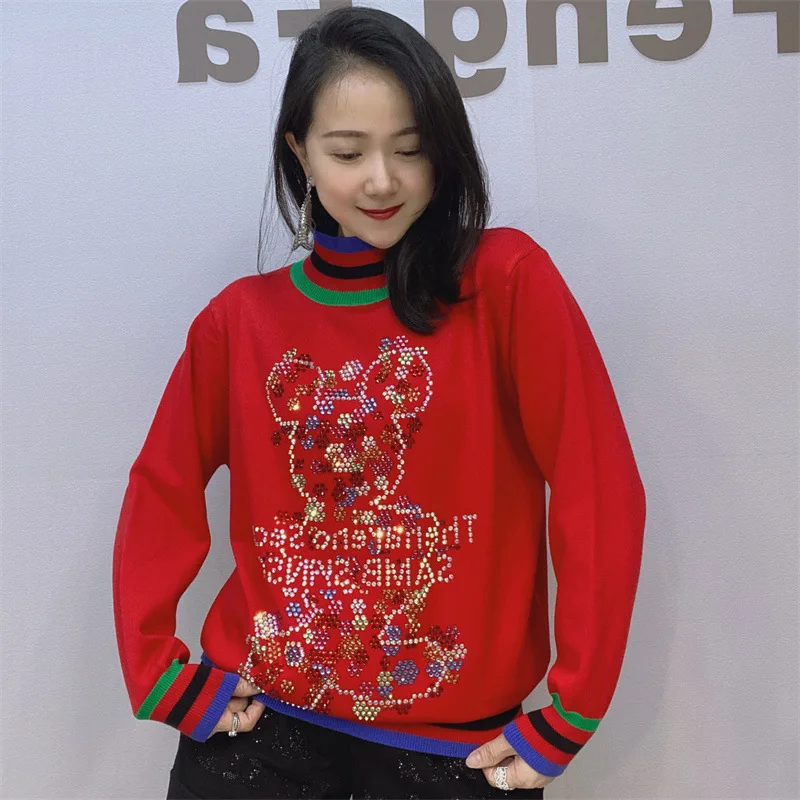 Fashion Cartoon Bear Diamonds Sweaters Women Warm Clothes Woollen Knitted Tops Casual Half High Collar Pullovers Sueter Mujer