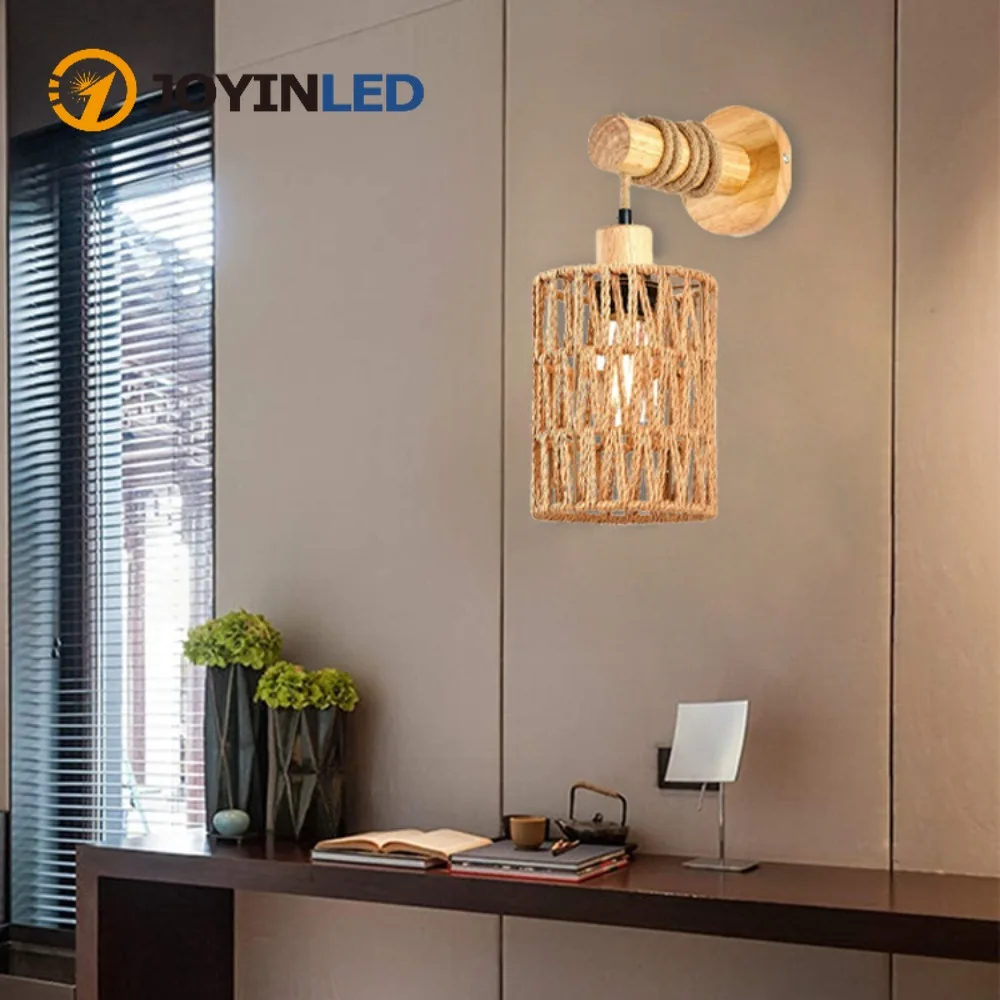 

Настенные светильники из ротанга Спальня Гостиная Коридор Настенный светильник E27 Прикроватная лампа Ретро Пеньковая веревка Плетеное бра Светильники для внутреннего освещения
