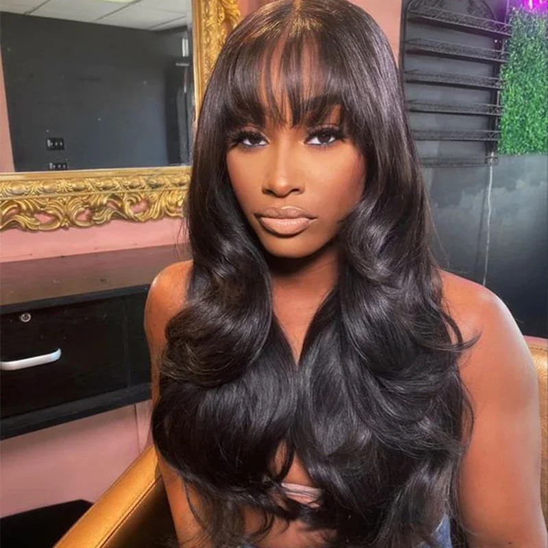 

Loose Body Wave Wig for Women Choice Full Machine Made Human Hair Curly Wigs With Bangs on Sale None Lace Frontal Glueless Wigs