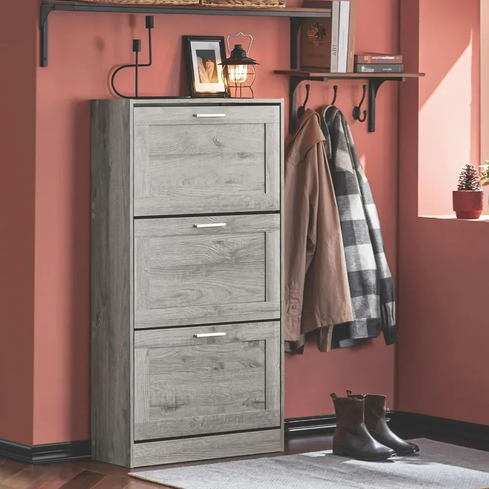 

Modern grey independent shoe cabinet storage box, hidden door opening, with 3 flip drawers shoe cabinet shoe rack