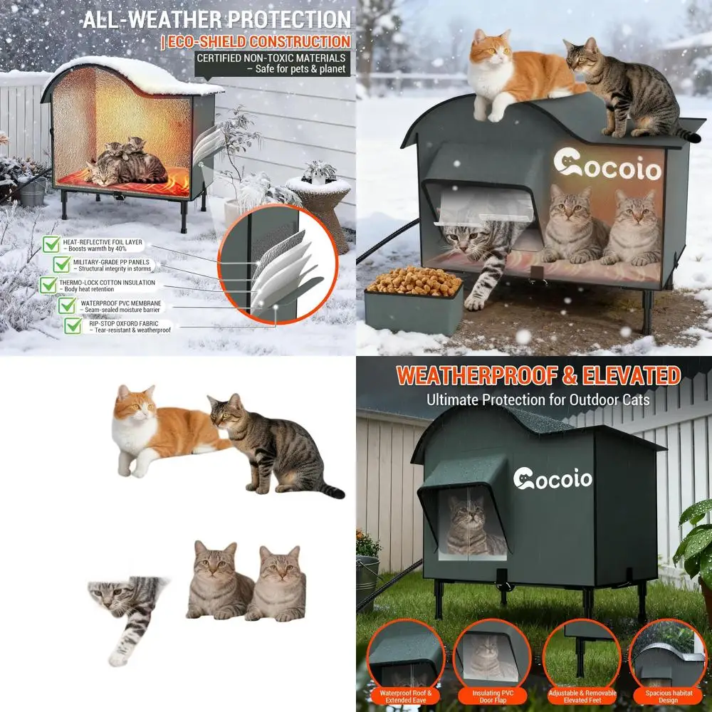 

Large Insulated Outdoor Cat House for Multiple Cats, Weatherproof and Heated with Escape Door and Eaves