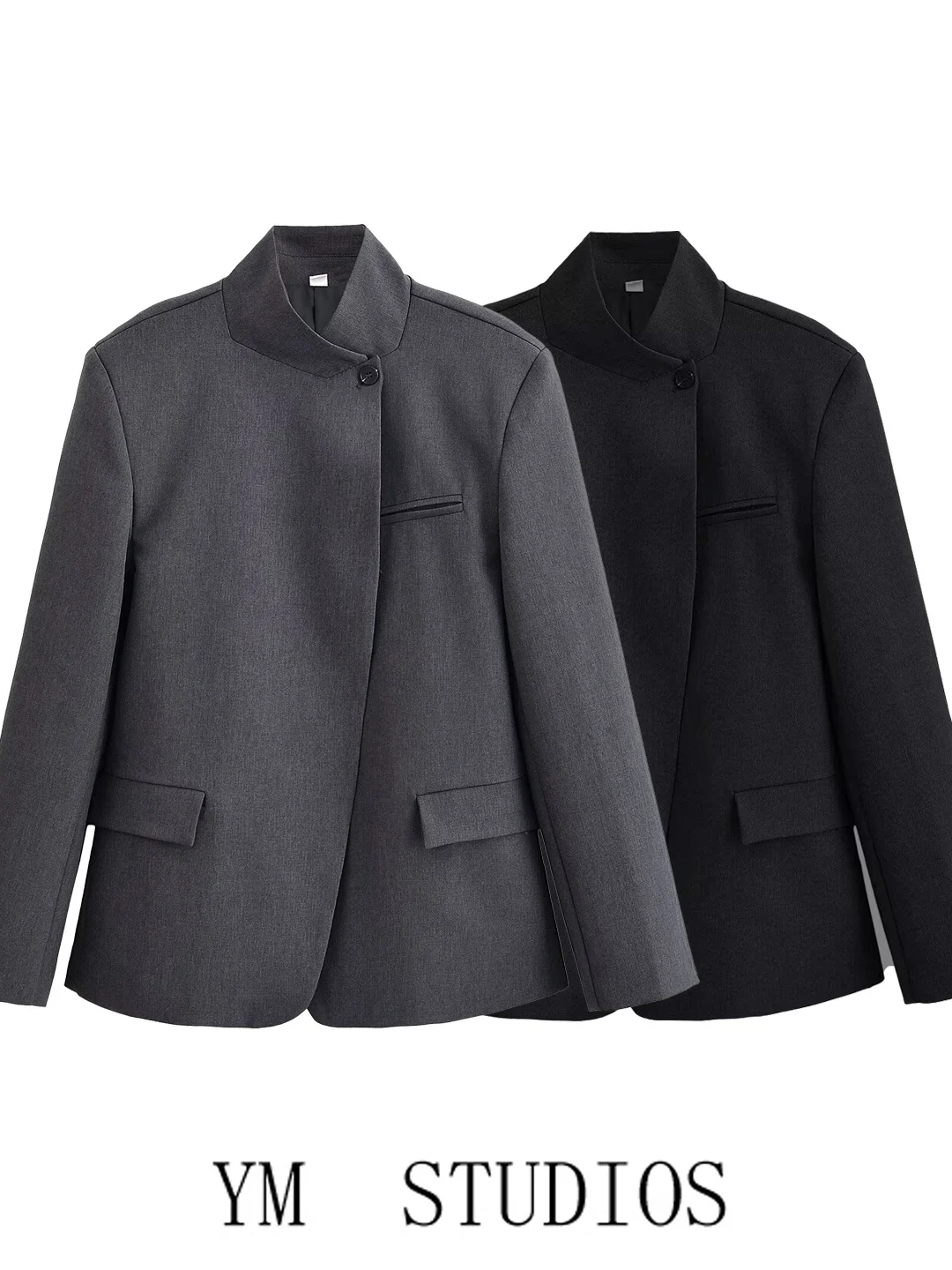 Elegant Stand Collar Single Button Long Sleeve Suit Jacket Women's Business Ready Coat Double Slit Polyester Fiber Warmth