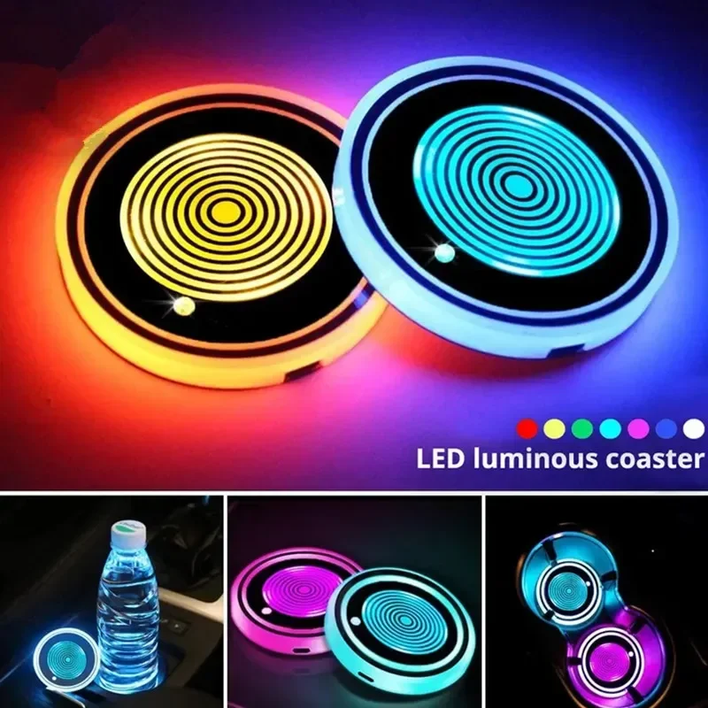 2PCS Car Luminous Water Cup Coaster 7 Colorful Car Led Atmosphere Light Car Cupmat Ambience lights Interior Accessories