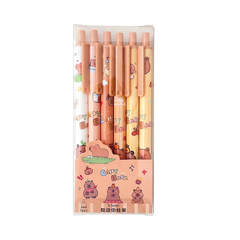 

Набор из 6 милых гелевых ручек с капибарой, быстросохнущие, для плавного письма, мультяшные, нажимные, нейтральные, школьные принадлежности, канцтовары