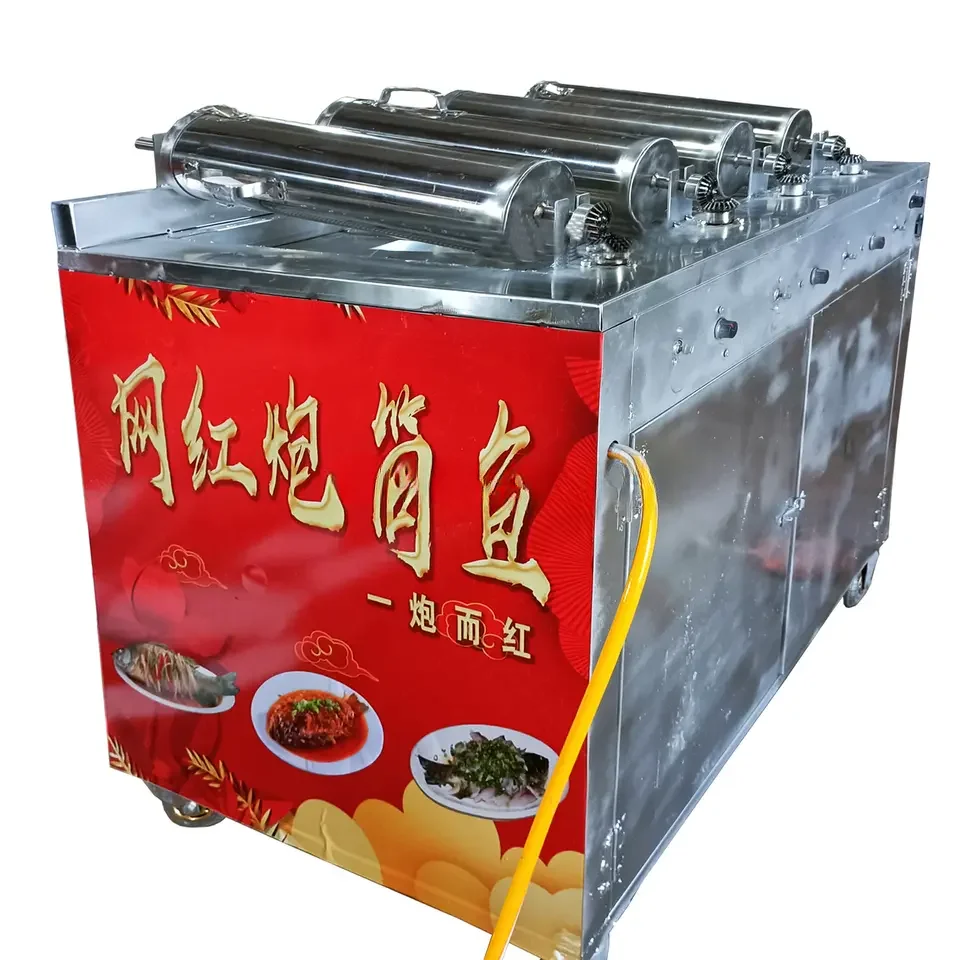 Round drum fish grill stainless steel thickened barrel grill barrel fish gas grill rotary oven