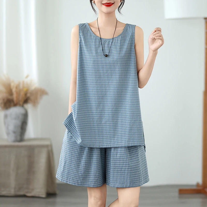 

Новый летний свободный жилет из хлопка и льна в клетку, свободный жилет и свободный утягивающий комплект из двух предметов, повседневный круглый Ne