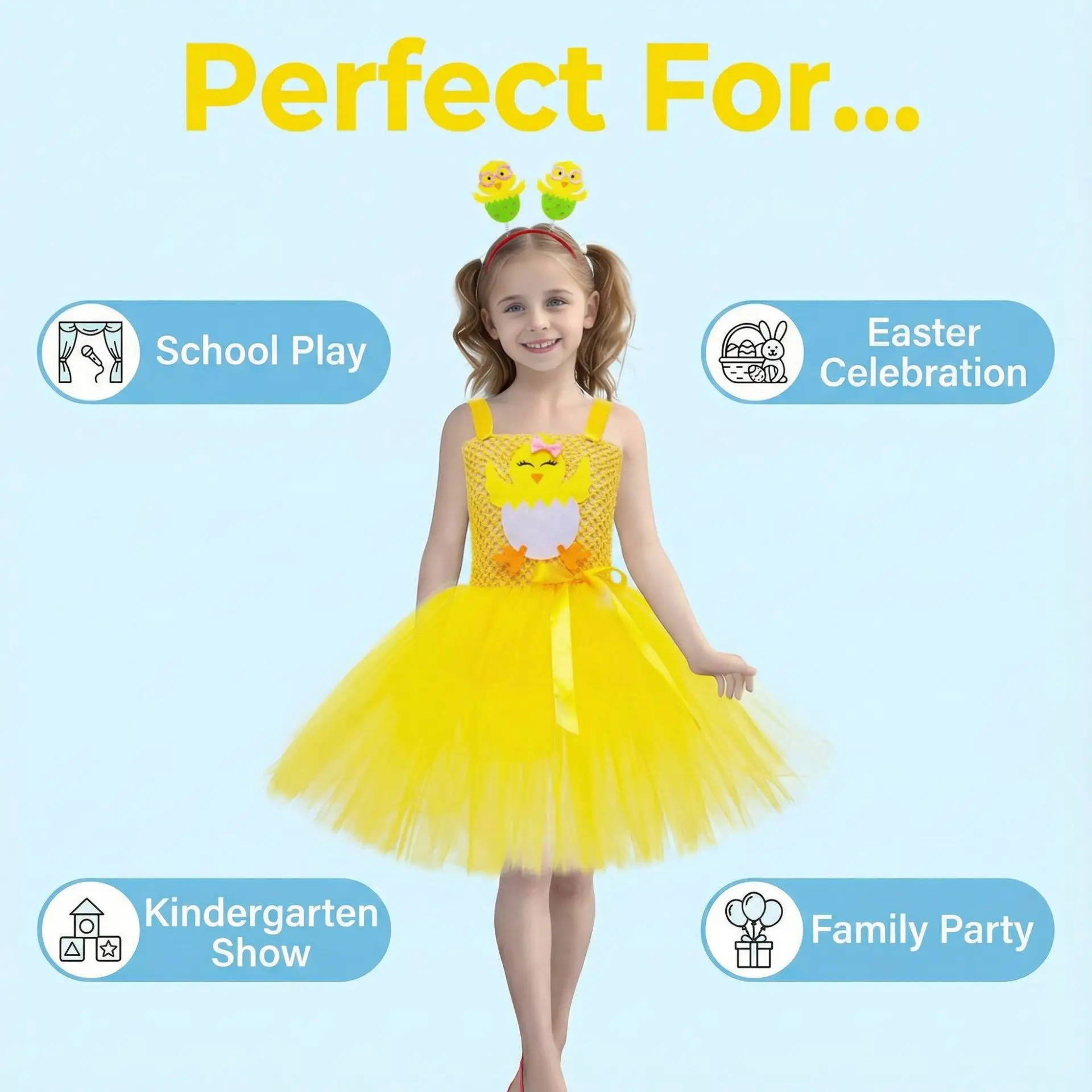 Halloween Yellow Chicken Pattern Tutu Dress for Girls Kids Soft Mesh Ballet Skirt Spring Birthday Frock Stage Performance Outfit