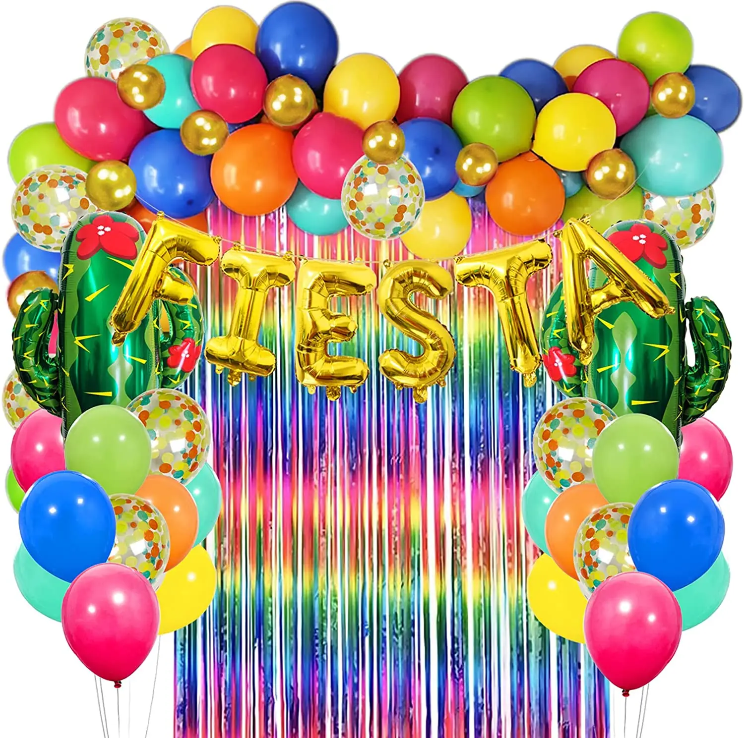 Mexican Luau Theme Party Decor Fiesta Balloon Garland With Rainbow Fringe Backdrop Cactus Foil Balloon For rainbow parties