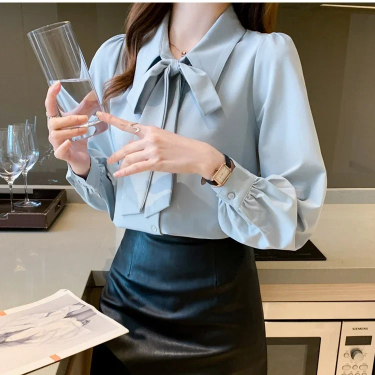

Women Bow Tie Chiffon Blouse Long Sleeve Elegant Office Shirt