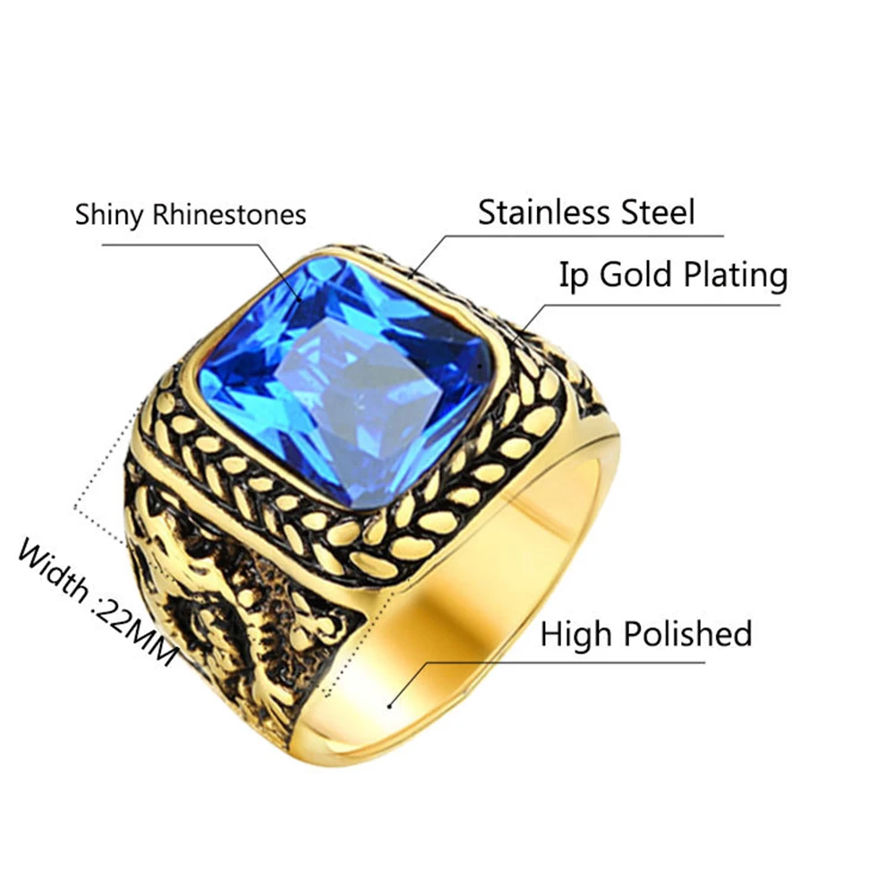 New Hot Sale Male Wide Big Blue Black Green Red Zircon Stone Fly Dragon Rings Men Stainless Steel Geometric Ring Hip Hop Jewelry