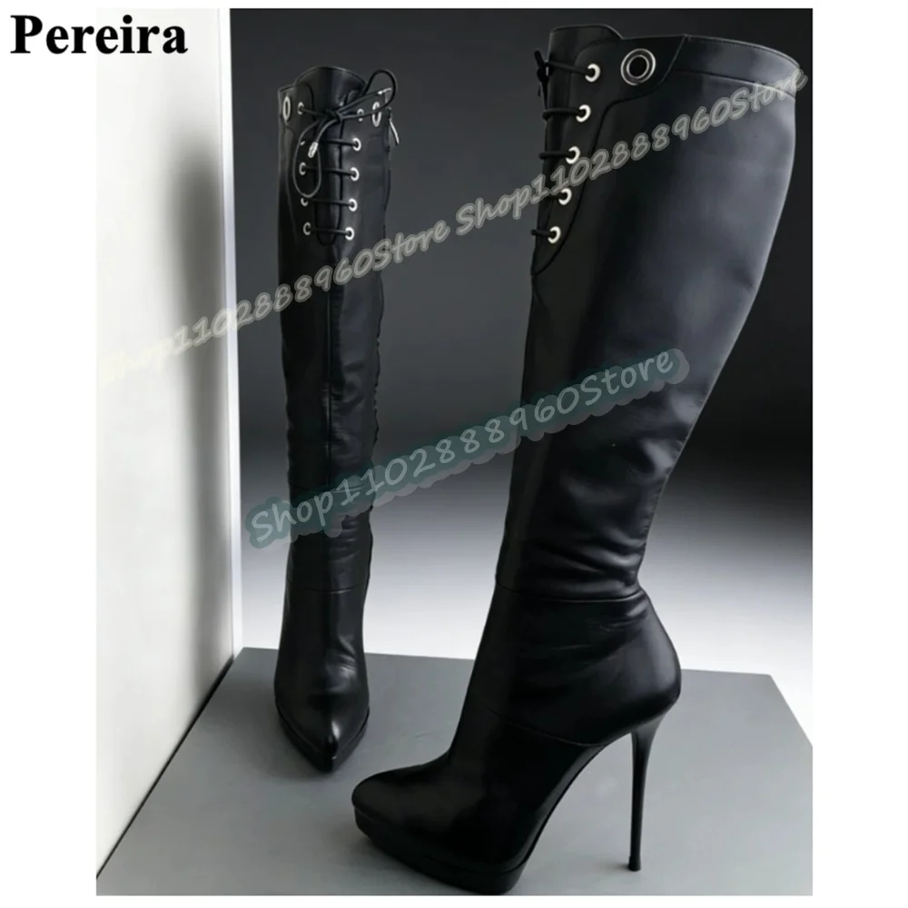 

Knee High Black Leather Cross Tied Pointy Boots Stilettos High Heel Women Shoes Side Zipper Pointed Toe 2026 Zapatos Para Mujer