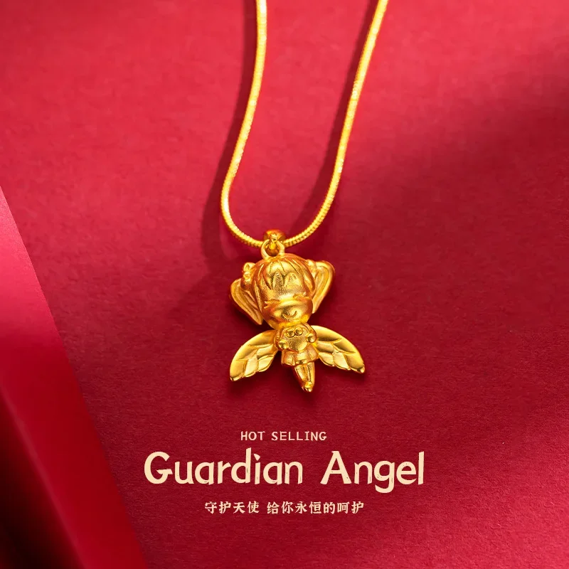 9999 Real Gold 24K Little Angel Necklace Sweet Cool Wind Angel Collarbone Chain Women's Pendant