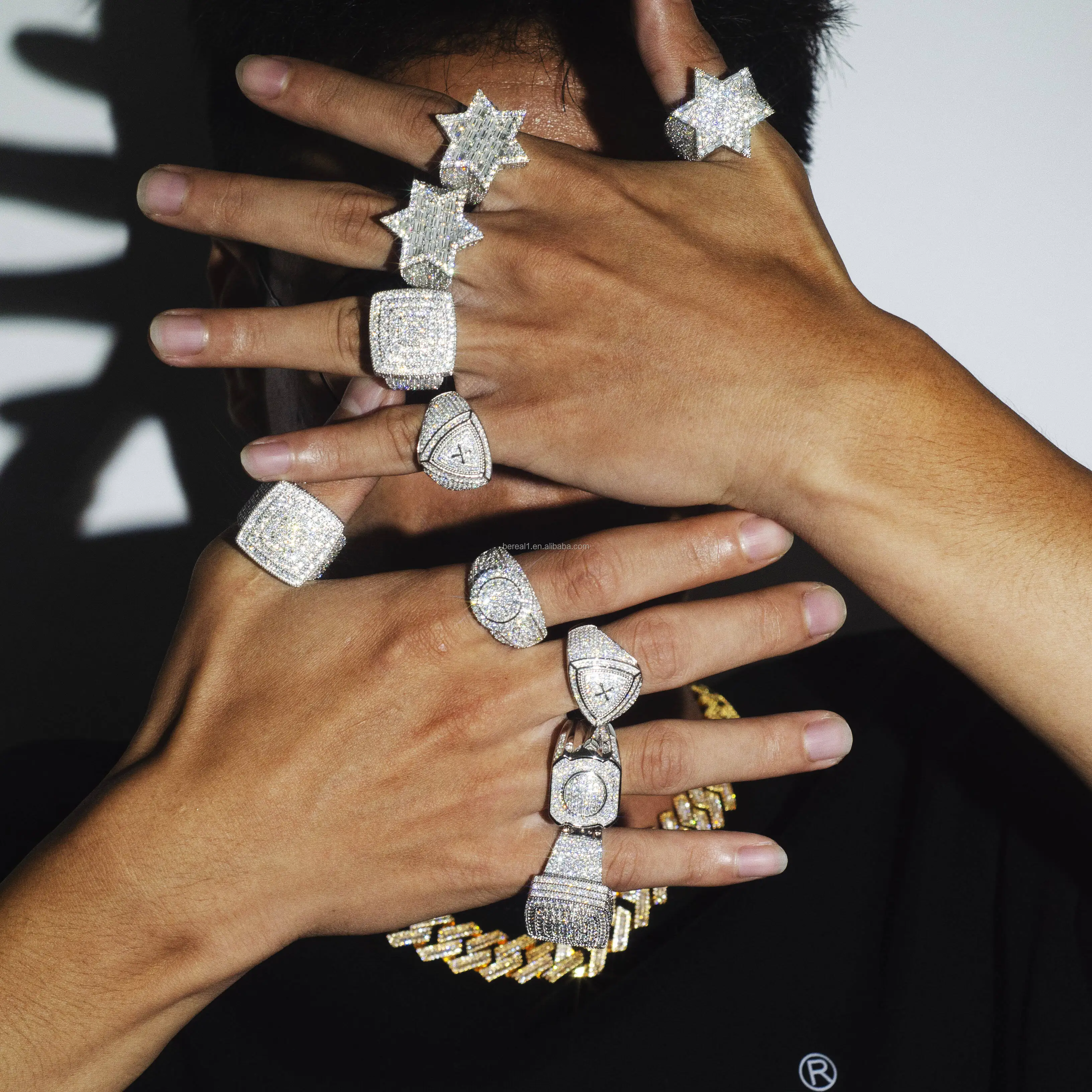 Wholesale Vvs Iced Out Moissanite Pass Diamond Test 14K Gold Men 925 Silver Ring Hip Hop Cuban Link Star Skull Rings Jewelry Men