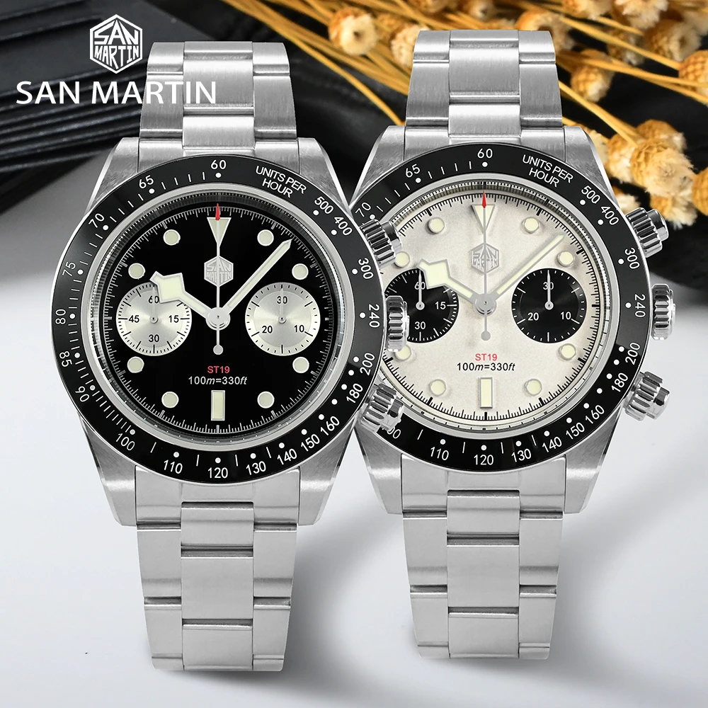 San Martin New 40mm Panda BB Chronograph Mens Watch Sports Fashion Style ST1901 Manual Mechanical Sapphire Waterproof 100M BGW-9