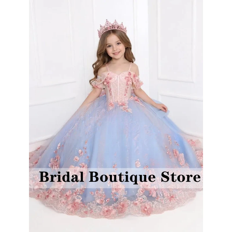 

Blue Pink Princess Flower Girl Dress For Wedding Tulle Off Shoulder Floor Length Kids Birthday First Communion Gowns Customized