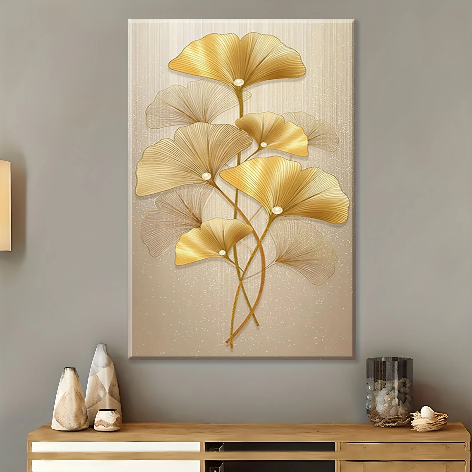 (No frame)1pc Framed Canvas Ginkgo Wall Art - Elegant Golden Ginkgo Leaves with White Accents, Modern Porch & Hallway Decor,