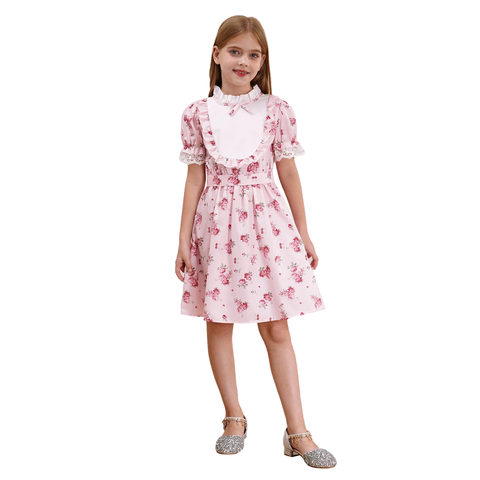 

Kids Girls Short Sleeve Print Elegant Dresses with Belt Mock Neck Puff Sleeve and Ruffled Trim A-line Skirt for Birthday Party