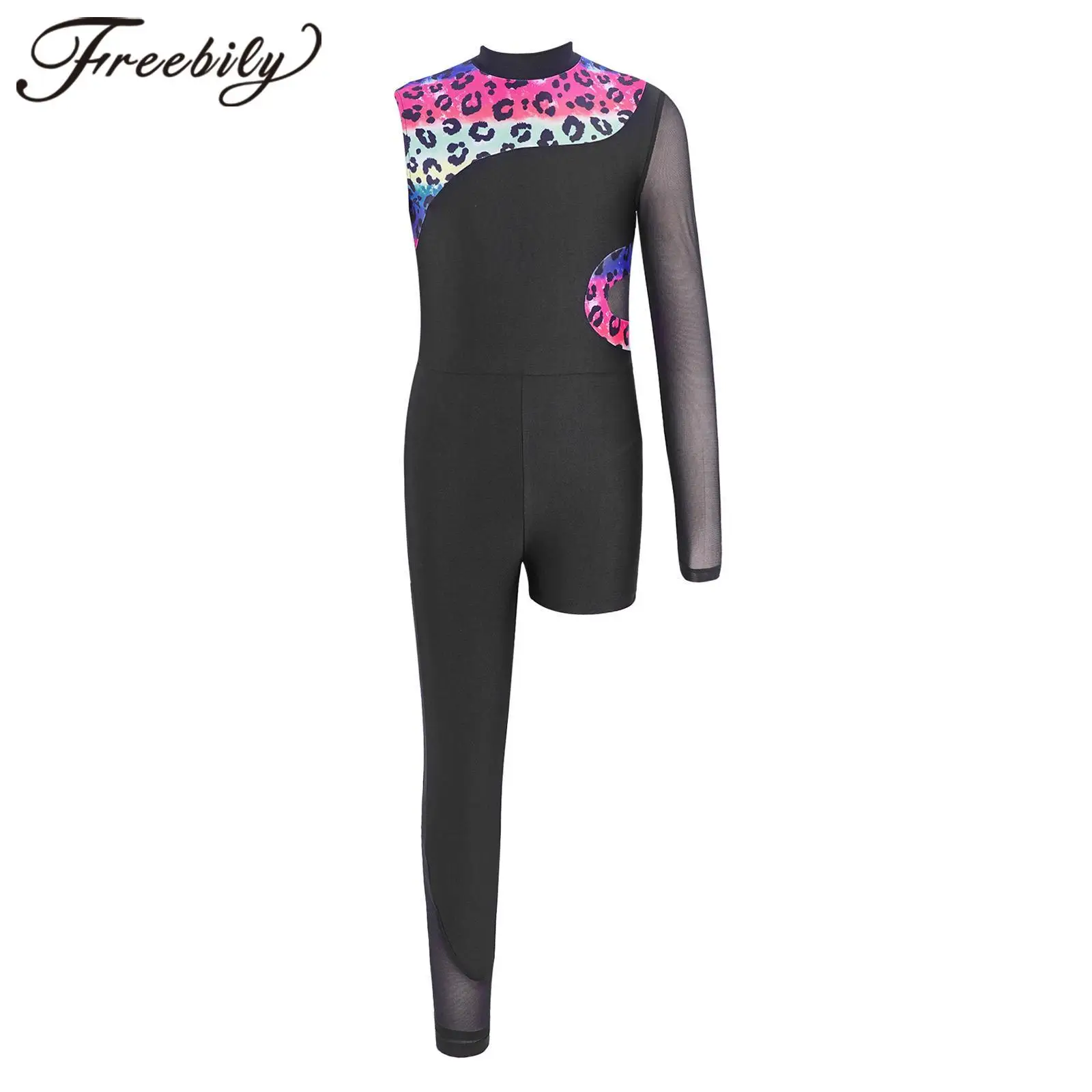 Stretchy Mesh Leotard for Girls, Ballet Dance Costume, Long Sleeve, Asymmetrical Unitard for Kids, Stage Performance