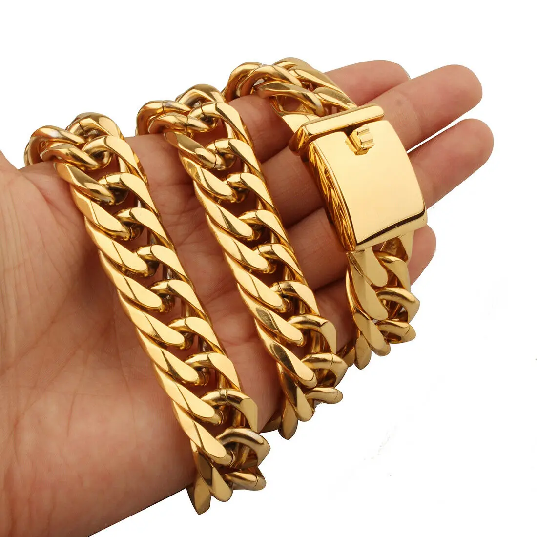 Granny Chic Gold Color 316L Stainless Steel Cuban Link Chain Necklace Heavy Cool Men\'s Chain Hip Hop Jewelry Gift 16mm 7-40inch