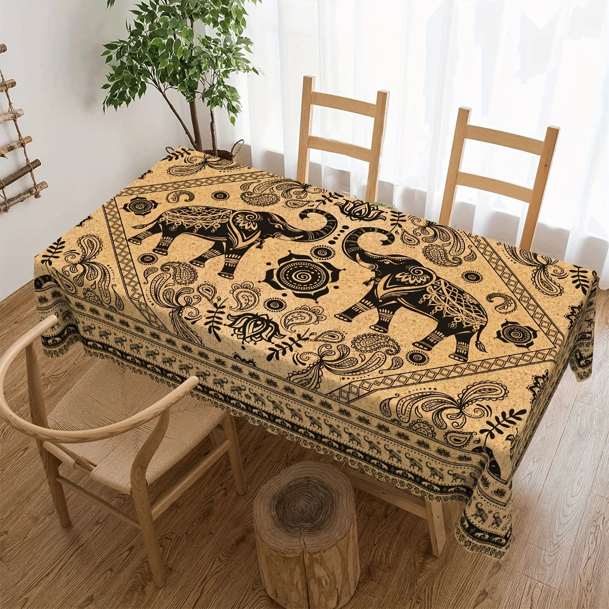 1 nappe rectangulaire en polyester, motif éléphant, fleurs et plantes champêtres, style ferme, tribal