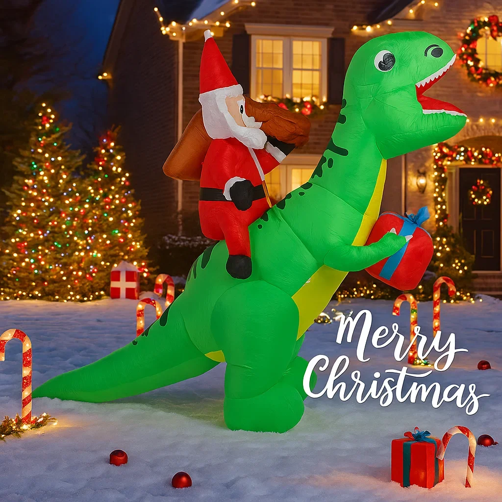Giocattolo gonfiabile del dinosauro di Babbo Natale da 5,91FT con la luce del LED Decorazione del partito del prato del cortile di Natale Regalo dell'ornamento del fornitore della casa di Natale