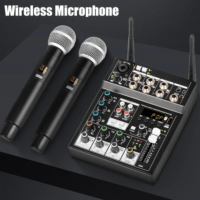 

Wireless Microphone With Audio Mixer 4 Channels Karaoke Bluetooth Mic DJ For Studio TV Computer Home Party Show Church Wedding