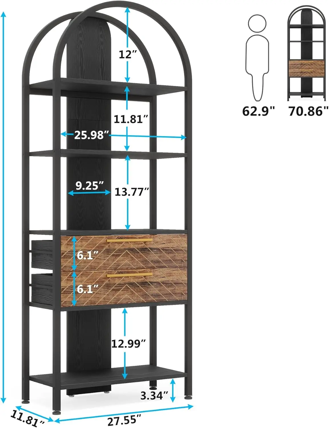 Tribesigns 4-Tier Bookshelf With 2 Drawers, Industrial Open Book Shelf Arched Bookcase, 70.8