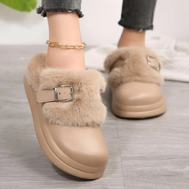 Wasserdichte EVA-Hausschuhe mit dicker Sohle und Fellbesatz für Damen, Winter 2026, mit Metallschnalle, flauschige Fell-Clogs, warme Plüsch-Hausschuhe für Frauen – Detail 5