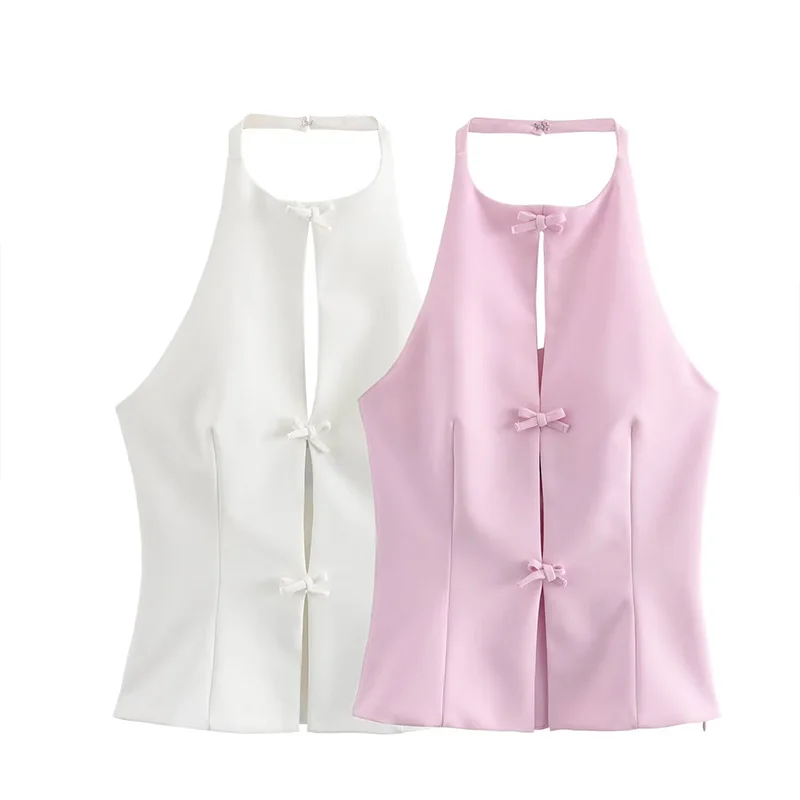 

Summer Elegant Women's Backless Hanging Neck Neck Top 2024 New Casual Fashion Classic Sleeveless Slim Vest Bow Tops