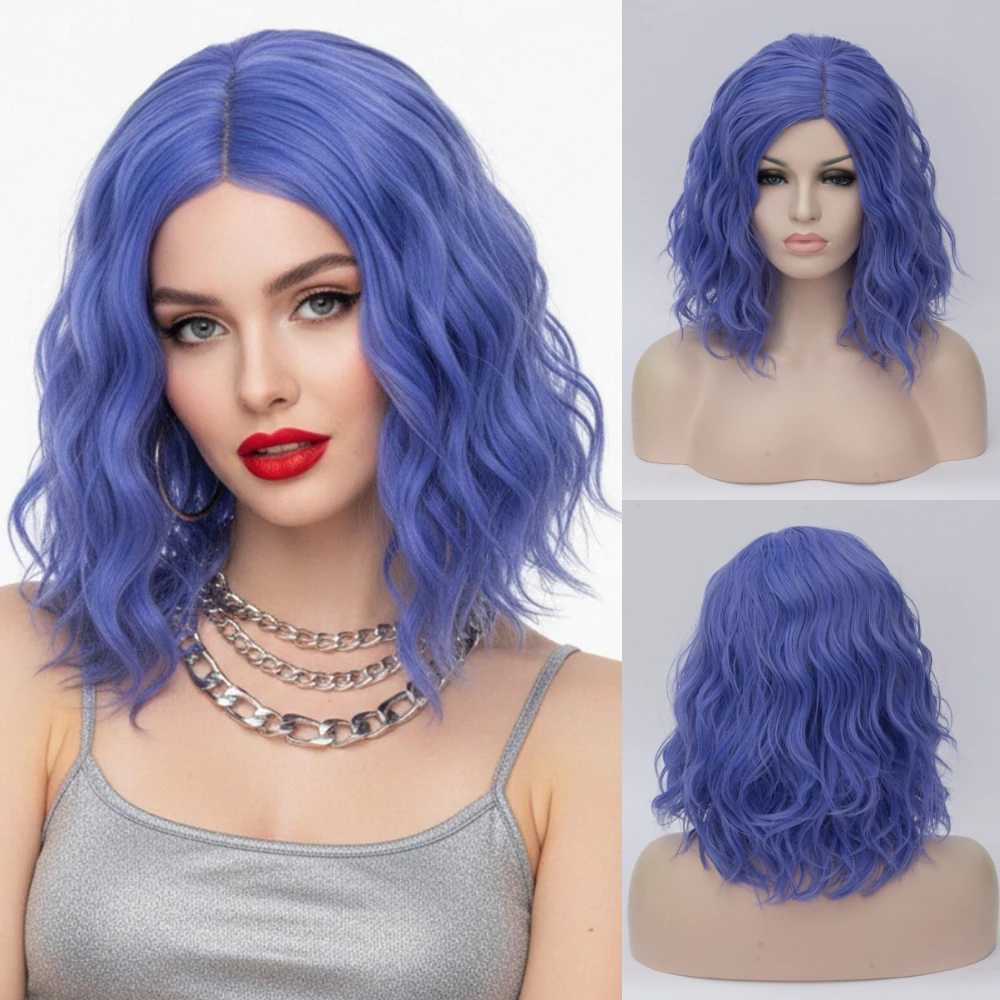 

VICWIG Side Part Line Short Wavy Blue Synthetic Wig Colored for Women Party Cosplay